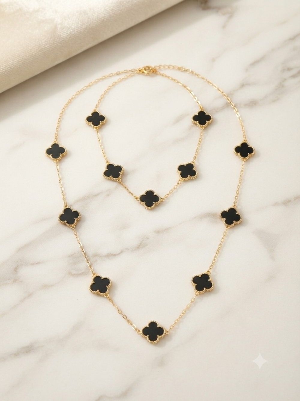 Gold Chain Necklace and Bracelet Set with Black Clover Motifs